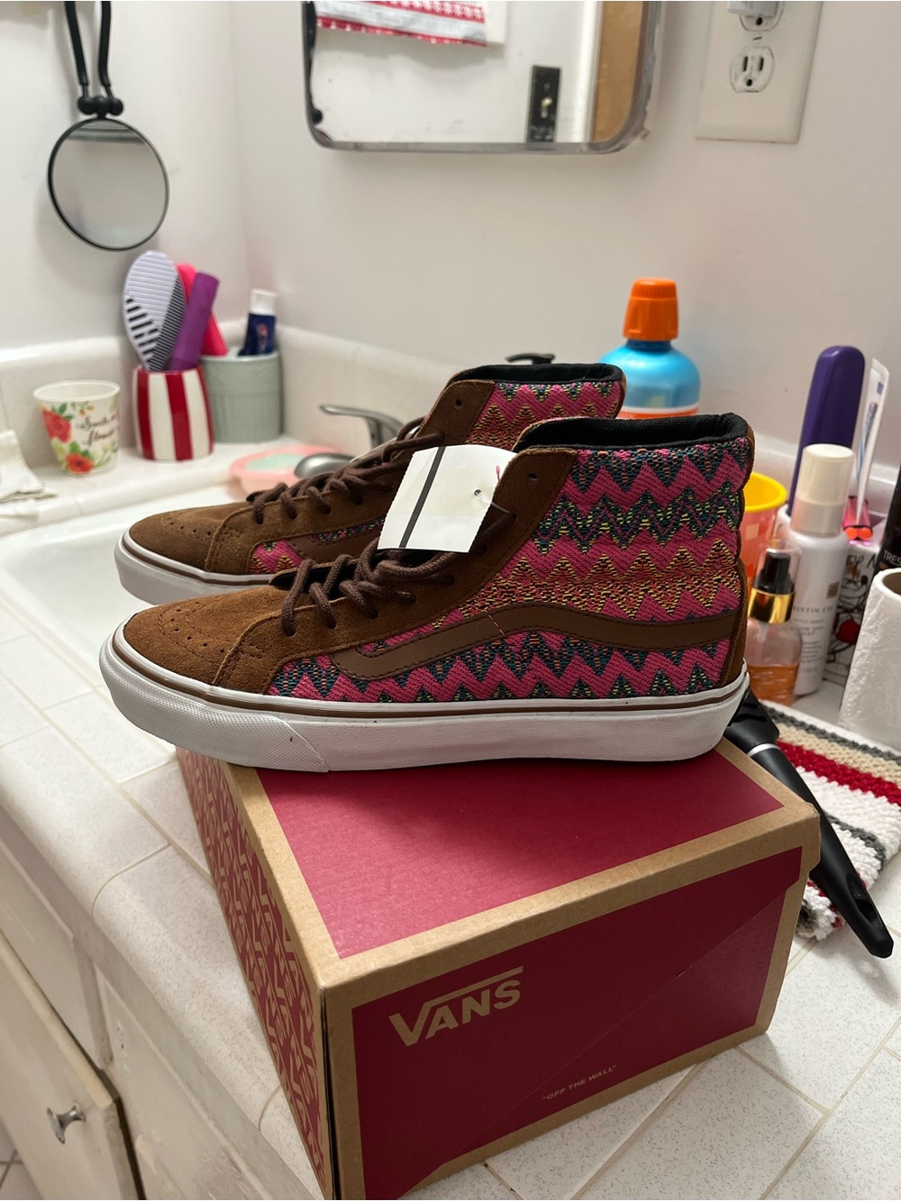 Vans High Top Sneakers in Brown with Pink Patterned Panels